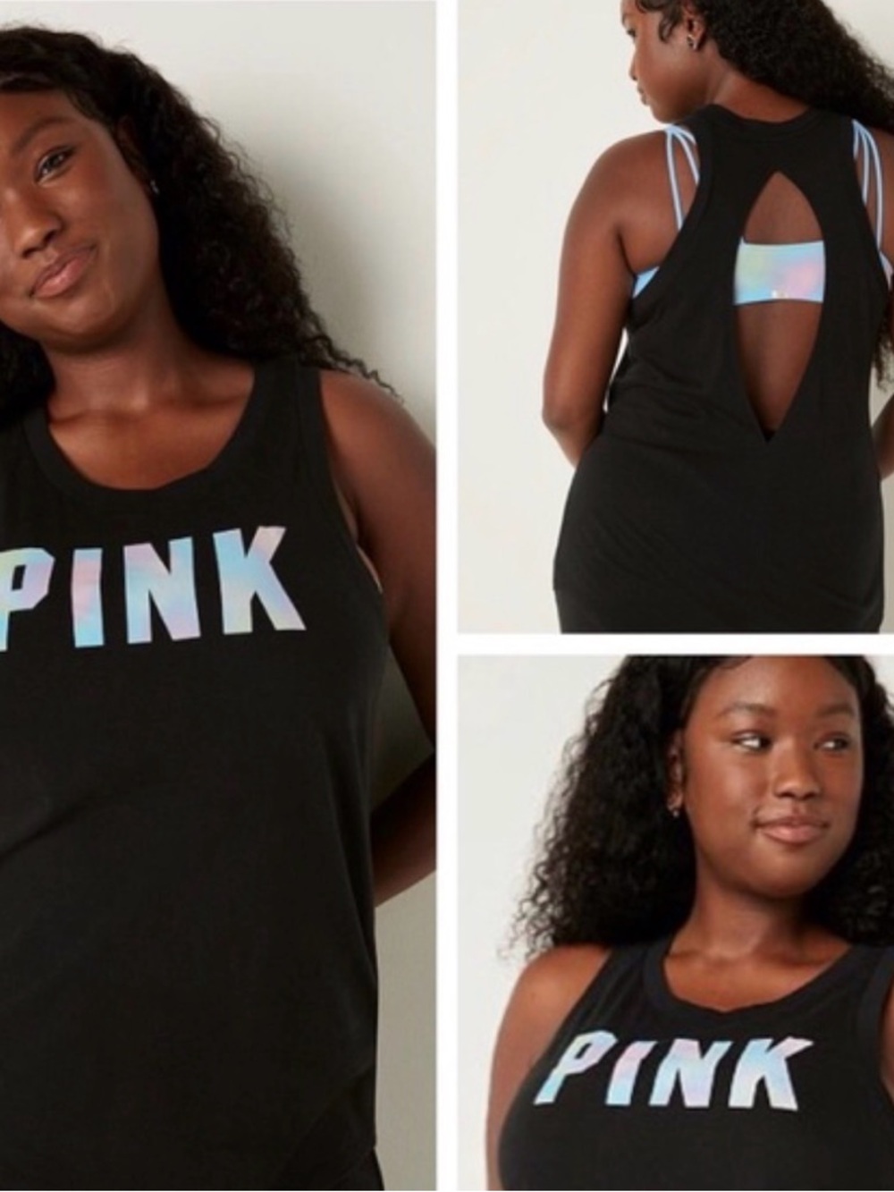 PINK Victoria's Secret Black Muscle Tank with Iridescent Logo